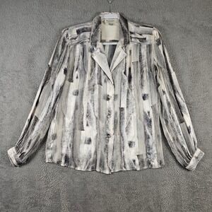 The Silk Farm Vintage 100% Silk Abstract Metallic Stripe Blouse Grey White 8‎